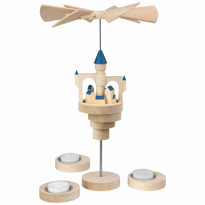 Seiffener Volkskunst Schalling Floating Castle Christmas Pyramid with blue roofs, handcrafted in Seiffen, Germany and powered by tealight candles.