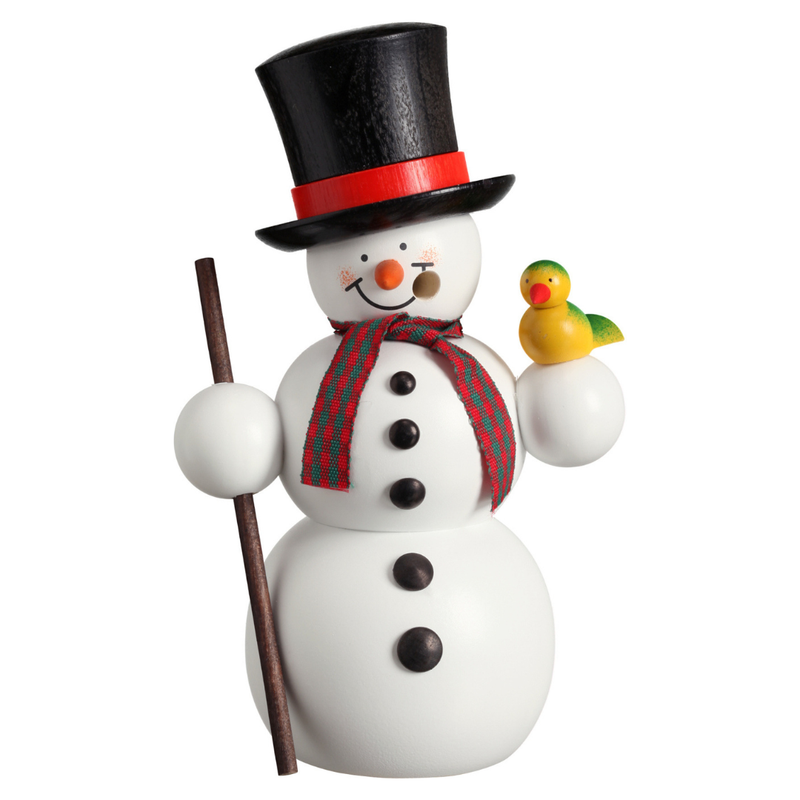 Handcrafted Seiffener Volkskunst Gentleman snowman incense smoker wearing a black top hat, holding a walking stick with a small bird perched on his hand, made in Seiffen, Germany.