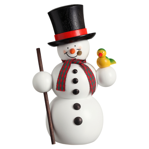 Handcrafted Seiffener Volkskunst Gentleman snowman incense smoker wearing a black top hat, holding a walking stick with a small bird perched on his hand, made in Seiffen, Germany.
