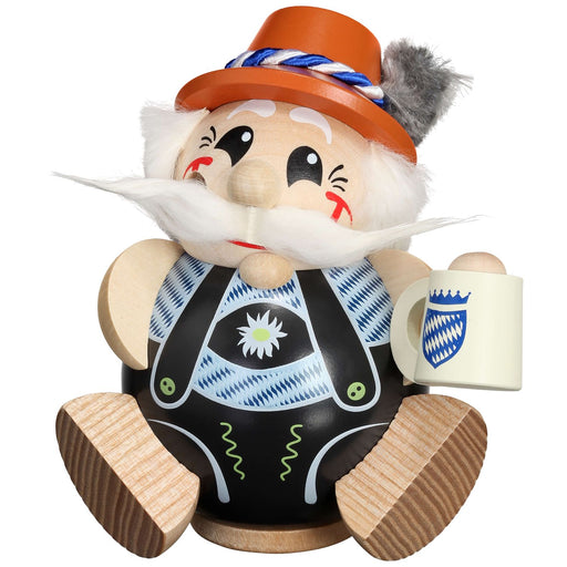 Handcrafted Bavarian German incense smoker by Seiffener Volkskunst featuring lederhosen, a beer stein and Oktoberfest-inspired charm. Authentic Erzgebirge folk art, 12 cm.