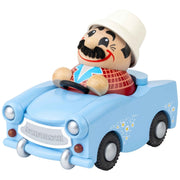 Seiffener Volkskunst limited edition Udo in Trabant German incense smoker handcrafted from wood in Seiffen, Germany, featuring a Kugelräucherfigur inside the iconic East German car.