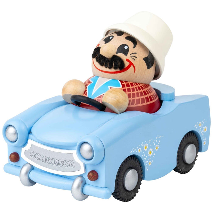 Seiffener Volkskunst limited edition Udo in Trabant German incense smoker handcrafted from wood in Seiffen, Germany, featuring a Kugelräucherfigur inside the iconic East German car.