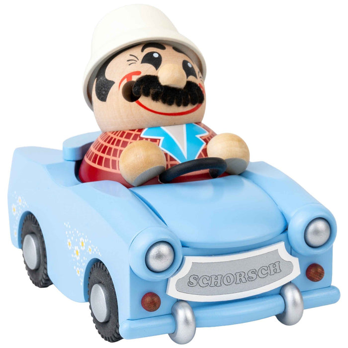 Seiffener Volkskunst limited edition Udo in Trabant German incense smoker handcrafted from wood in Seiffen, Germany, featuring a Kugelräucherfigur inside the iconic East German car.