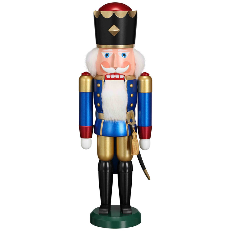 Handcrafted Seiffener Volkskunst Blue King German nutcracker with metallic finish, black crown with gold detailing and metallic blue cap, ceremonial sabre and faux fur beard, 39 cm tall.