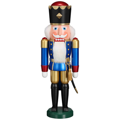 Handcrafted Seiffener Volkskunst Blue King German nutcracker with metallic finish, black crown with gold detailing and metallic blue cap, ceremonial sabre and faux fur beard, 39 cm tall.