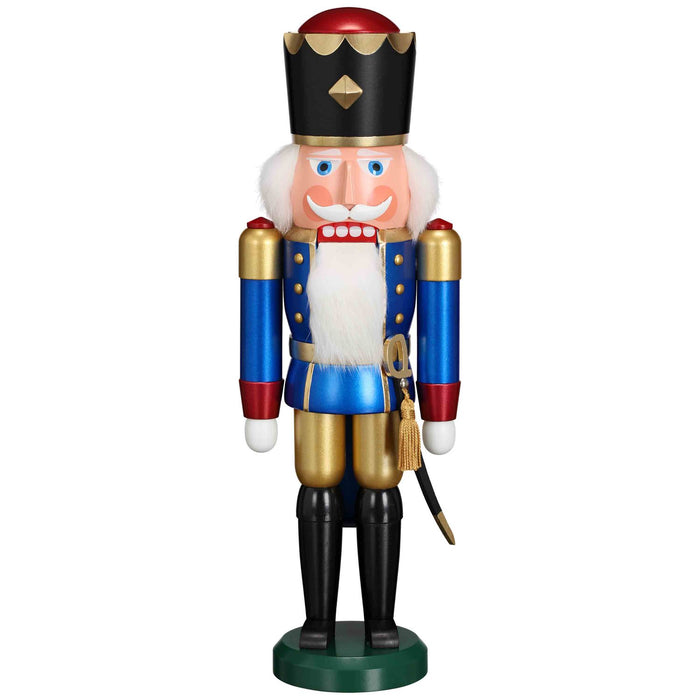 Handcrafted Seiffener Volkskunst Blue King German nutcracker with metallic finish, black crown with gold detailing and metallic blue cap, ceremonial sabre and faux fur beard, 39 cm tall.
