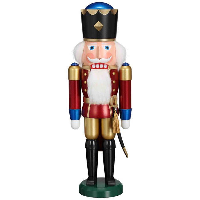 Handcrafted Seiffener Volkskunst Red King German nutcracker with metallic finish, black crown with gold detailing and metallic blue top, ceremonial sabre and faux fur beard, 39 cm.