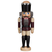 Handcrafted Seiffener Volkskunst Aubergine King German nutcracker with a silver crown, silver sceptre and faux fur beard, 29 cm.
