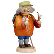 Handcrafted Seiffener Volkskunst Hiker incense smoker with a walking stick, rolled map, backpack and yellow neckerchief, made in Seiffen, Germany.