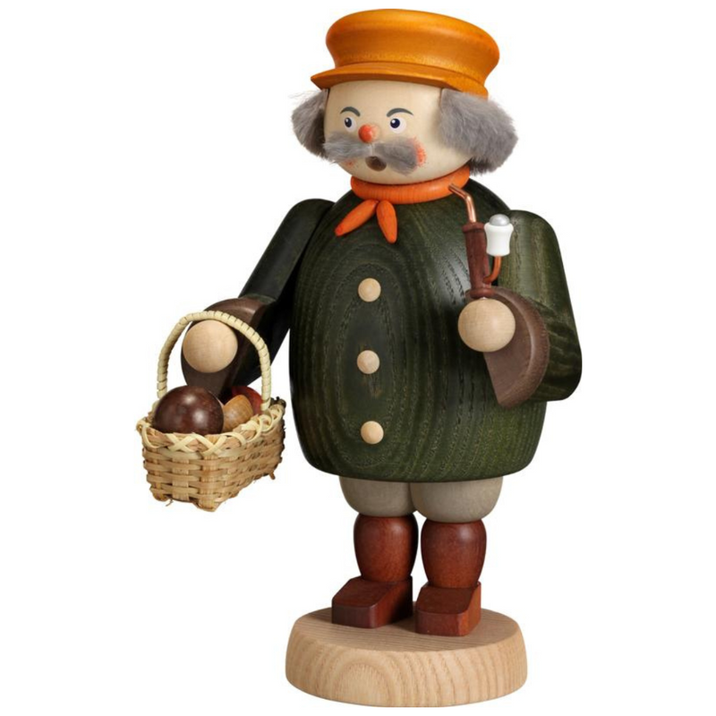 Handcrafted Seiffener Volkskunst Mushroom Gatherer incense smoker wearing a yellow hat and carrying a basket of wooden mushrooms, made in Seiffen, Germany.