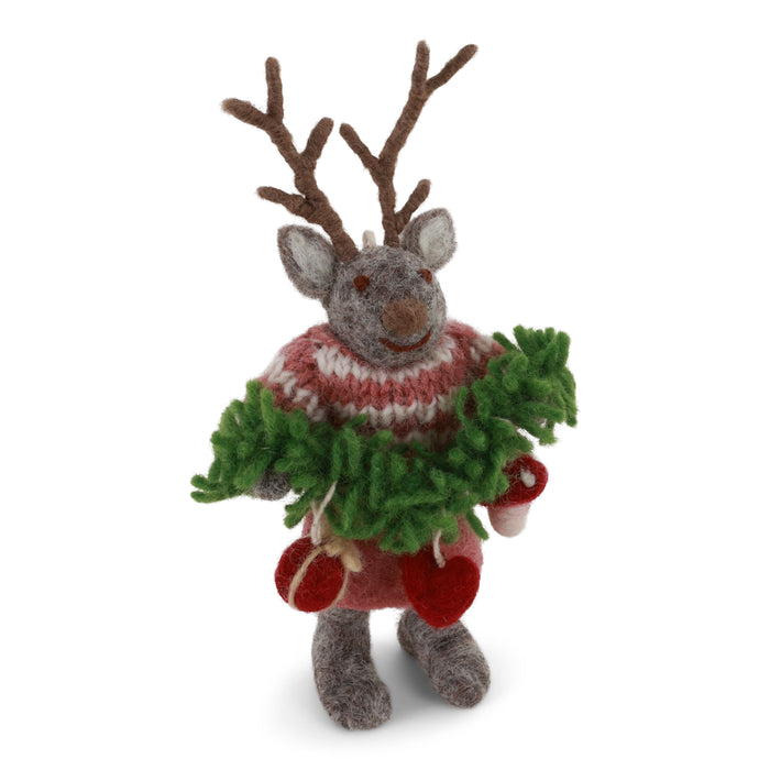 Gingerbread World Gry and Sif Denmark - Felted Wool Deer Ornament with garland 21225