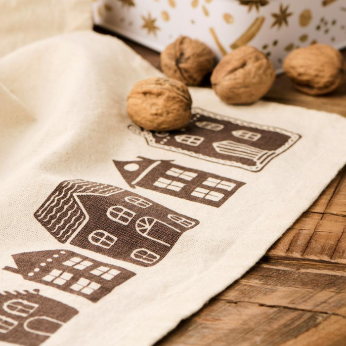 Gingerbread World IB Laursen Denmark - 100 percent Cotton Tea Towel, Natural With Brown Houses 66215-14