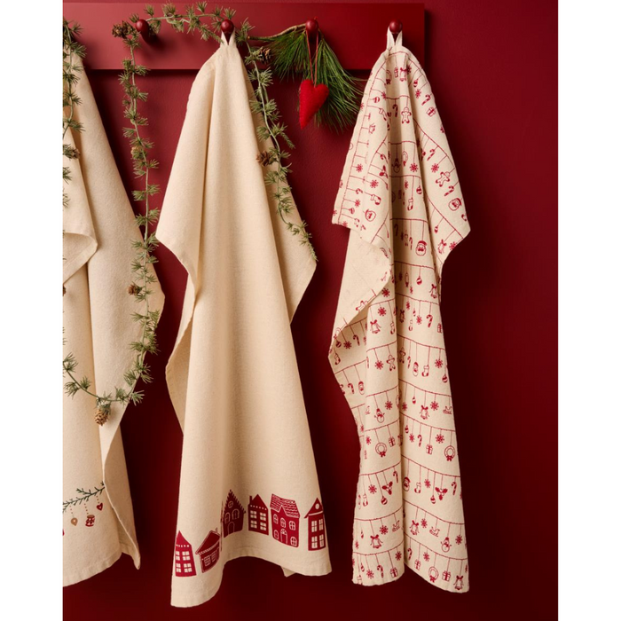 Gingerbread World IB Laursen Denmark - 100 percent Cotton Tea Towel, Natural With Red Baubles 66216-33