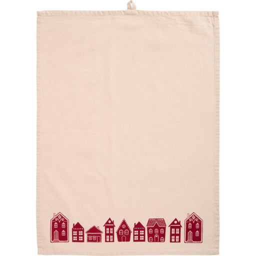 Gingerbread World IB Laursen Denmark - 100 percent Cotton Tea Towel, Natural With Red Houses 66215-33