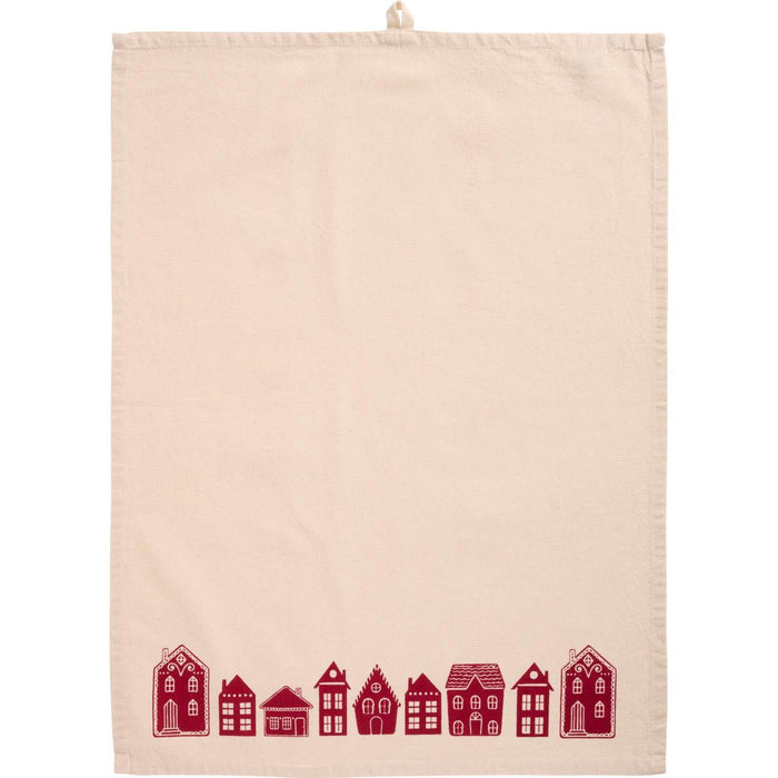 Gingerbread World IB Laursen Denmark - 100 percent Cotton Tea Towel, Natural With Red Houses 66215-33
