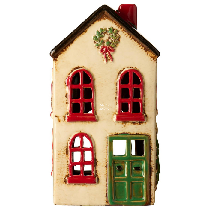 Gingerbread World IB Laursen Denmark – Ceramic Tealight House - Stillenat Cottage with Green Door & Top Wreath 27697-01