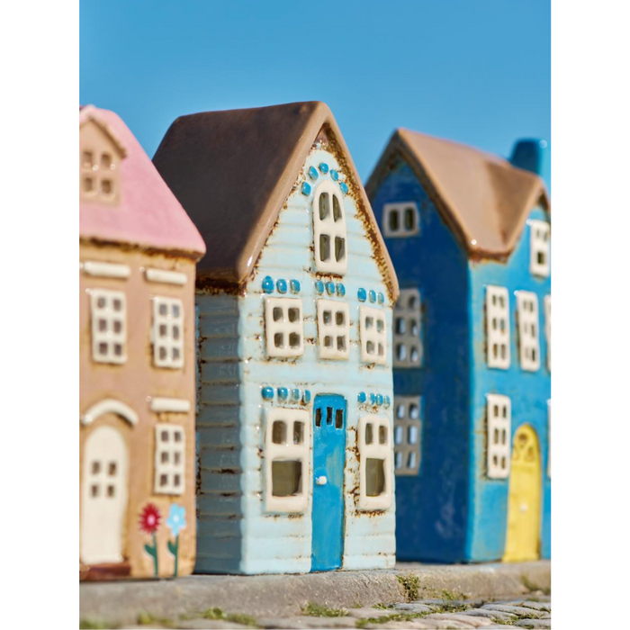 Gingerbread World IB Laursen Denmark – Ceramic Tealight House - Visby Brown Roof Cottage with Blue Door 27681-21