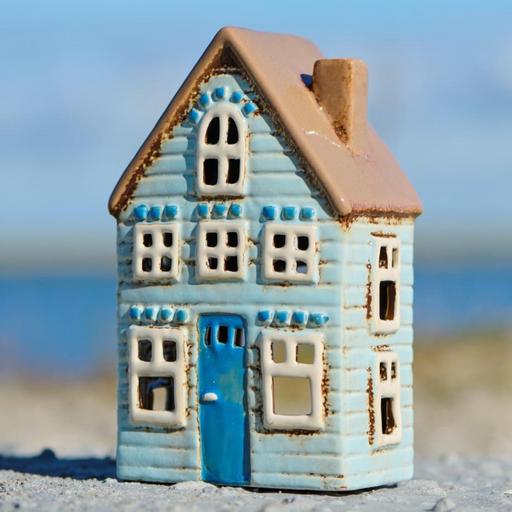 Gingerbread World IB Laursen Denmark – Ceramic Tealight House - Visby Brown Roof Cottage with Blue Door 27681-21