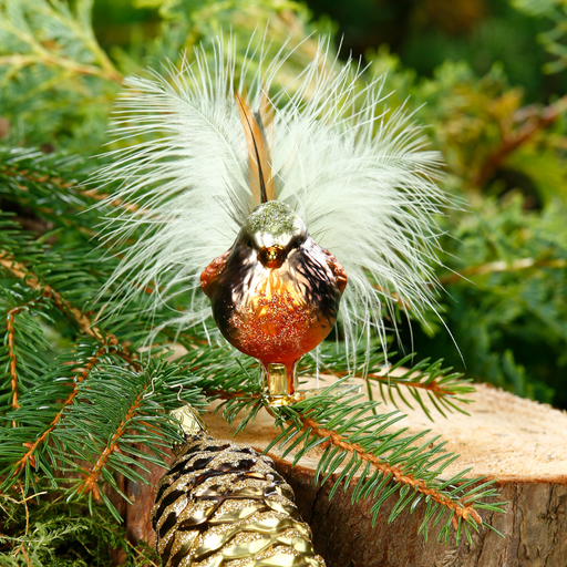 Gingerbread World Inge-Glas Canada - Clip On Vintage Style Bird Ornament Bullfinch shown with Pine Cone in forest setting
