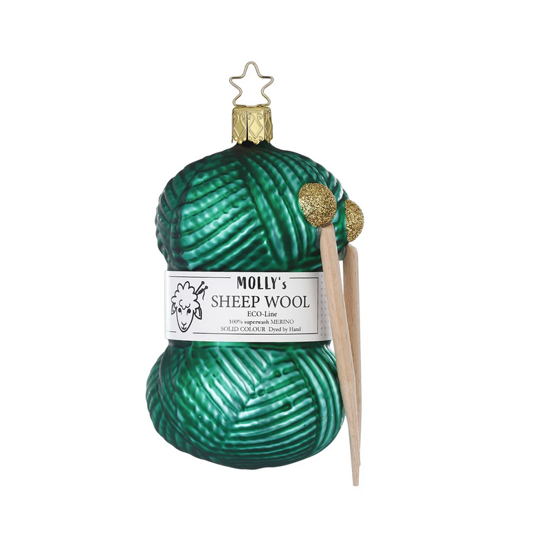 Gingerbread World Inge-Glas Canada - Mouthblown Glass from Germany - Knitting Ornament Ball of Green Yarn with Knitting Needles