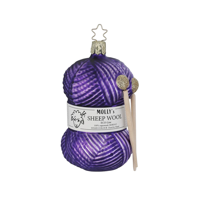 Gingerbread World Inge-Glas Canada - Mouthblown Glass from Germany - Knitting Ornament Skein of Purple Yarn with Knitting Needles