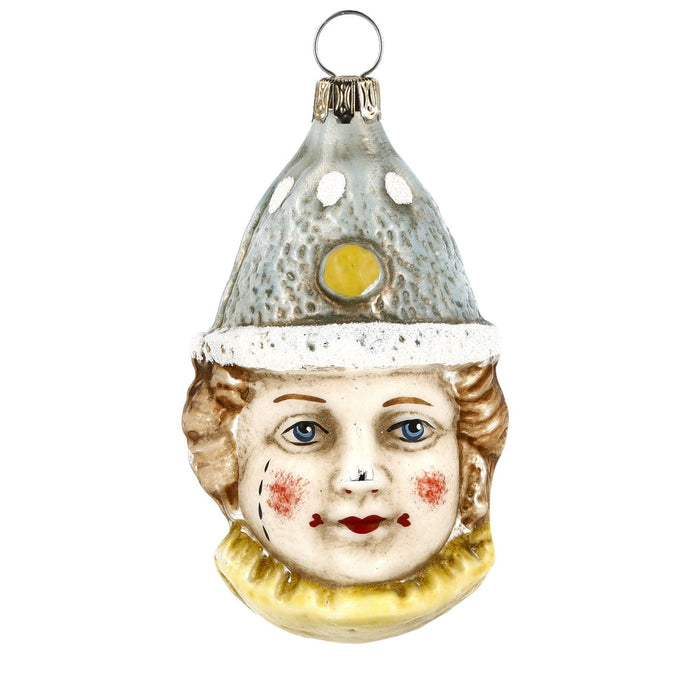 Gingerbread World Marolin Glass Ornament Clown Head with Blue Cap Patinated