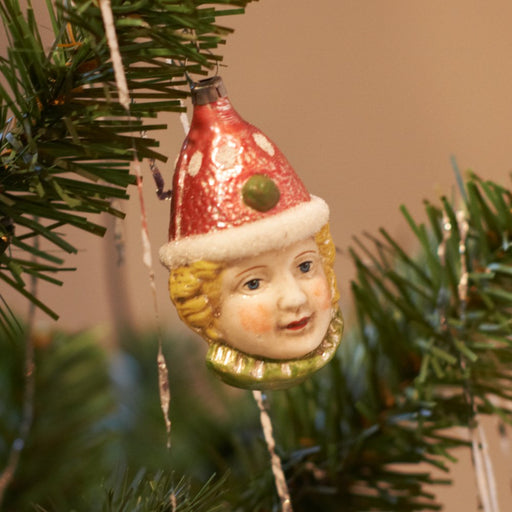 Gingerbread World Marolin Glass Ornament Clown Head with Red Cap Patinated