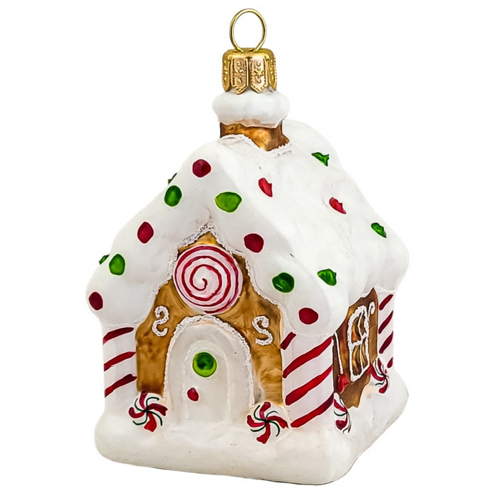 Gingerbread World Polish Blown Glass Ornament – Gingerbread House with Red Spiral 303102