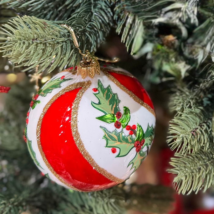 Gingerbread World Polish Blown Glass Ornament – Red Swirl Christmas Ball with Holly 140303