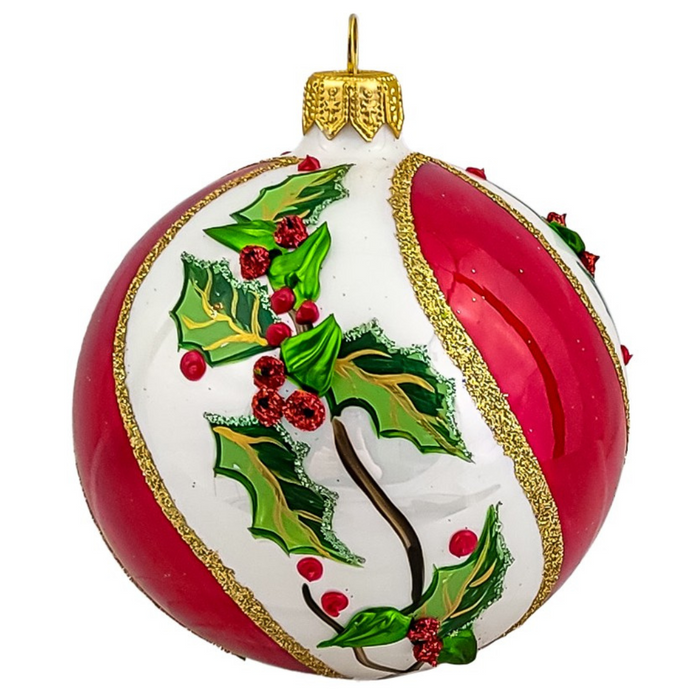 Gingerbread World Polish Blown Glass Ornament – Red Swirl Christmas Ball with Holly 140303