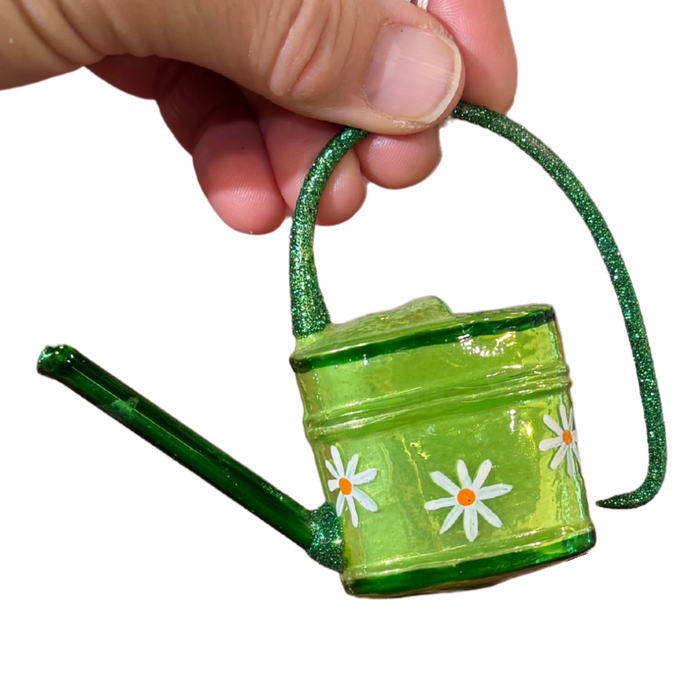 Gingerbread World Polish Blown Glass Ornament – Watering Can with Painted Daisies 208606