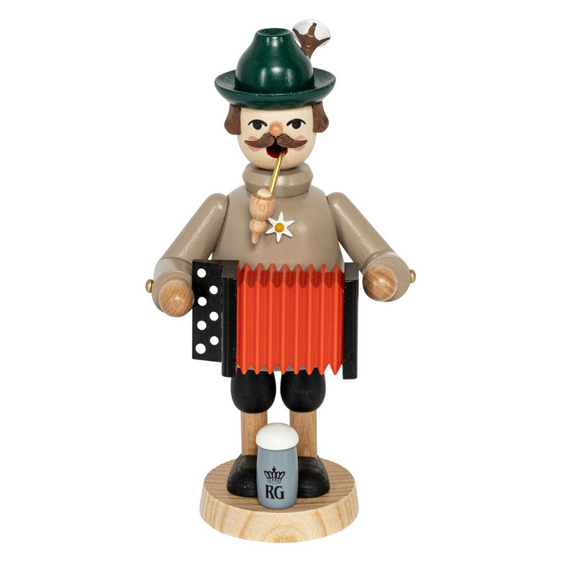 Handcrafted Richard Glässer German incense smoker featuring a Bavarian accordion player in traditional Tracht with a bierstein and pipe.