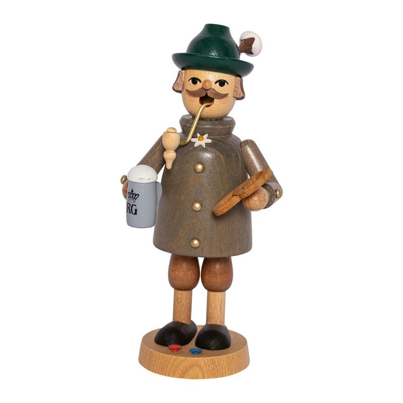 Handcrafted Richard Glässer German incense smoker featuring a Bavarian gentleman in traditional Tracht holding a pretzel and bierstein.