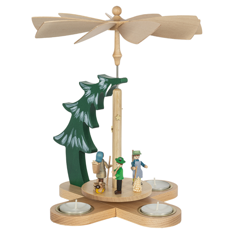 Handcrafted Richard Glässer German Christmas pyramid with a Bavarian woodland scene, featuring a hunter, woodsman and woodland gatherer beneath a snow-covered pine tree 15877
