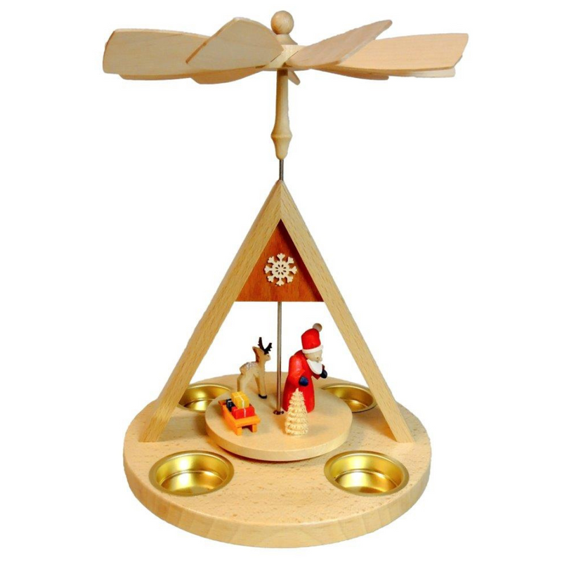 Handcrafted Richard Glässer German Christmas pyramid with Santa Claus, reindeer, sleigh and A-frame cottage, made in Seiffen, Germany.