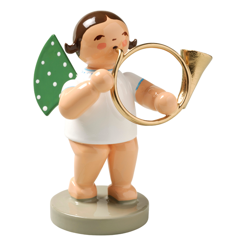 Wendt & Kühn Grünhainichen Angel with Bass Horn handcrafted wooden angel figurine with green wings and eleven white dots, made in Germany  650/46