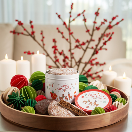 Gingerbread World Wicklein Lebkuchen Canada - Merry Christmas Tin with Nuremberg Lebkuchen Cookies surrounded by Lovi FInland Baubles