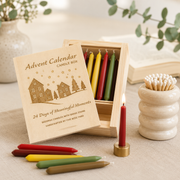 Five Bees Yard Beeswax Advent Candle Calendar with 24 handmade beeswax candles, brass holder and reusable wooden keepsake box | Gingerbread World European Christmas