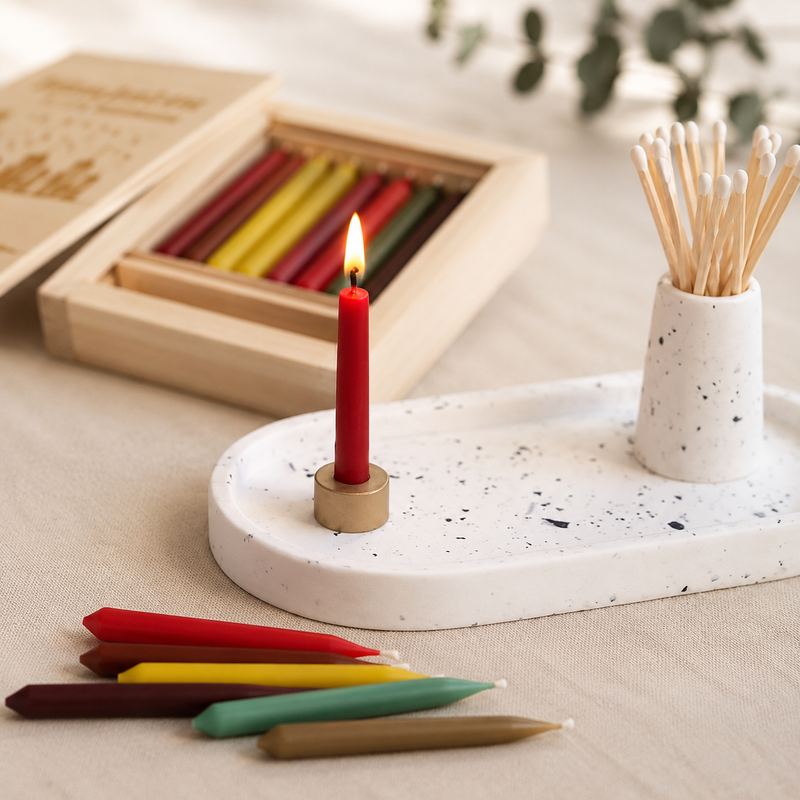 Five Bees Yard Beeswax Advent Candle Calendar with 24 handmade beeswax candles, brass holder and reusable wooden keepsake box | Gingerbread World European Christmas