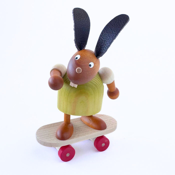 Gingerbread World Drechslerei Martin Wooden Easter Bunny Figure with Skateboard - Handcrafted German Folk Art