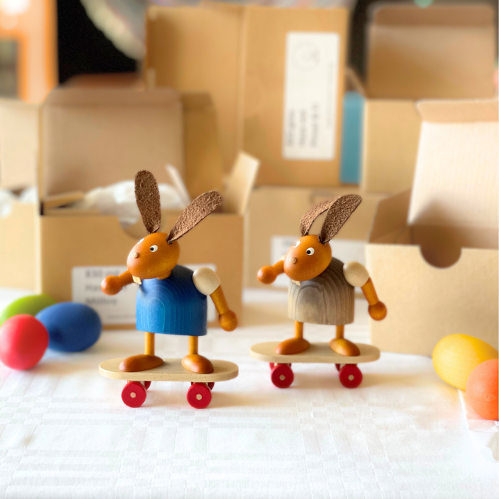 Gingerbread World Drechslerei Martin Wooden Easter Bunny Figure with Skateboard - Handcrafted German Folk Art