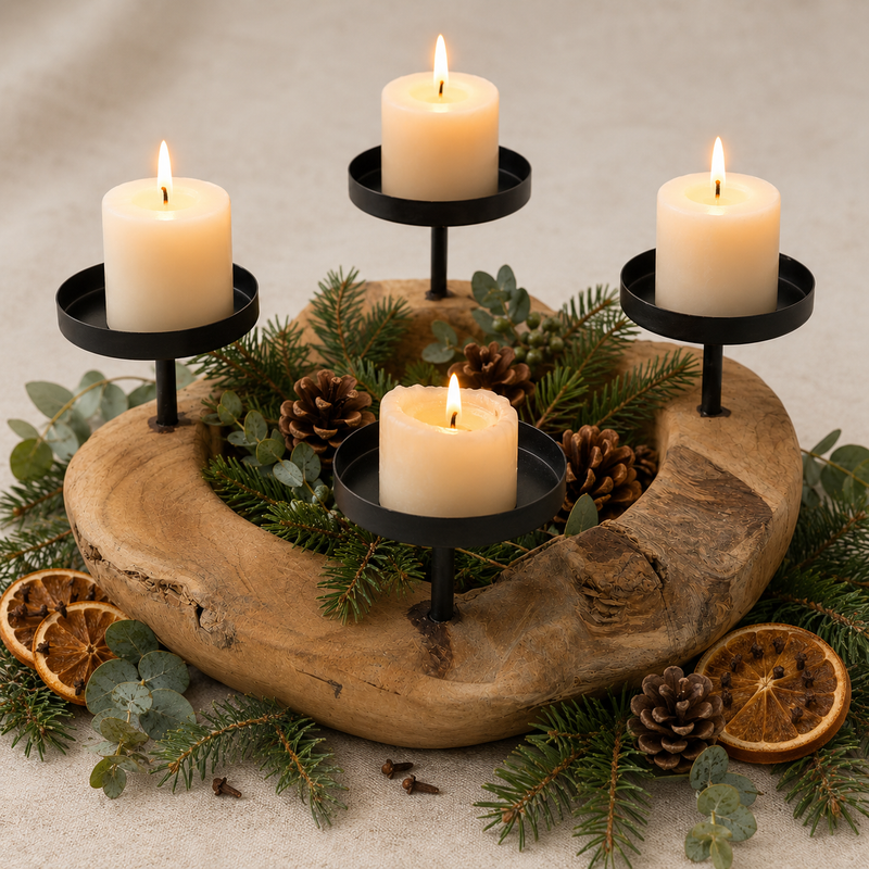 Rustic wooden Advent wreath candle holder with four candle cups for Advent candles | Gingerbread World European Christmas