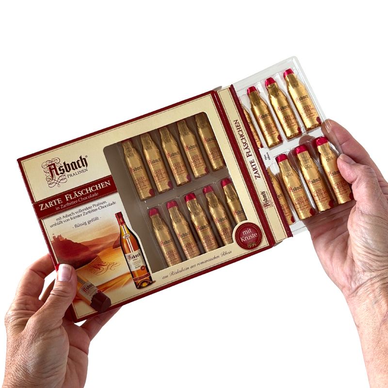 Asbach German Brandy Bottles in Dark Chocolate 20-piece gift box with liquor-filled chocolates imported from Germany.
