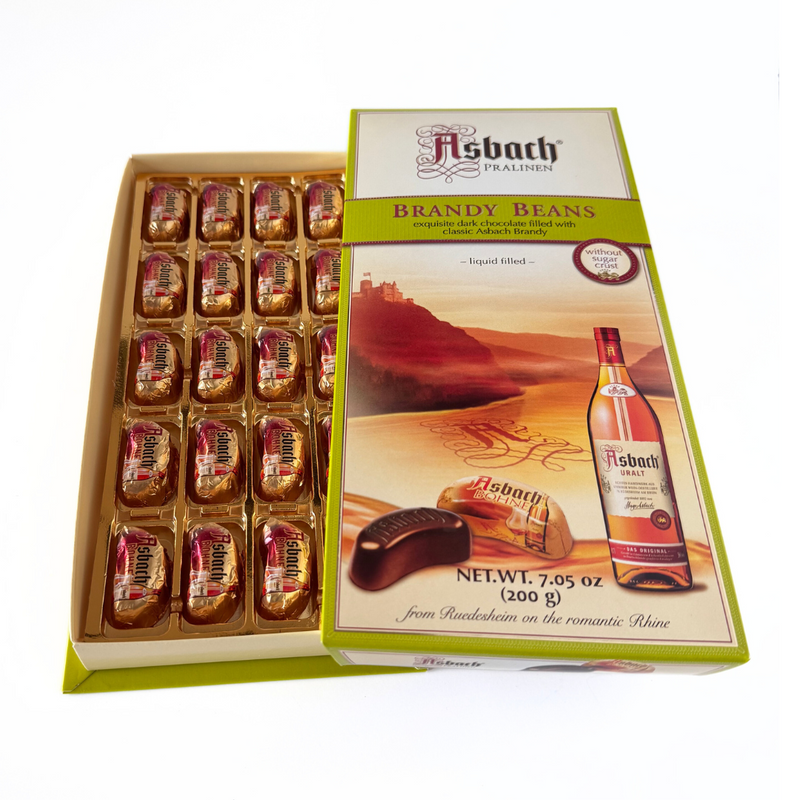 Asbach German Brandy-Filled Chocolate Beans gift box with 20 dark chocolate liquor-filled chocolates imported from Germany.