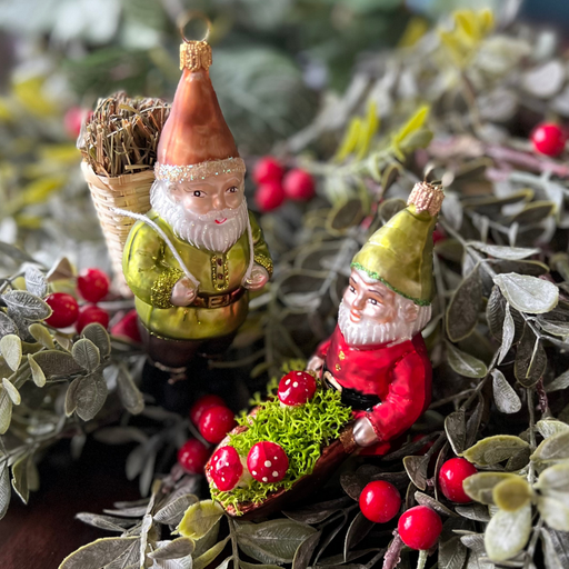 Gingerbread World European Christmas Market - Blown Glass Gnome Ornaments shown in Christmas greens