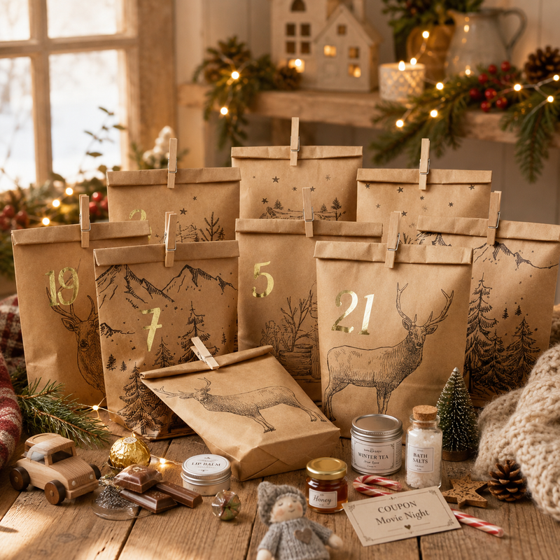 DIY Advent Calendar paper bags with numbered kraft bags for a fill-your-own Christmas countdown | Gingerbread World European Christmas