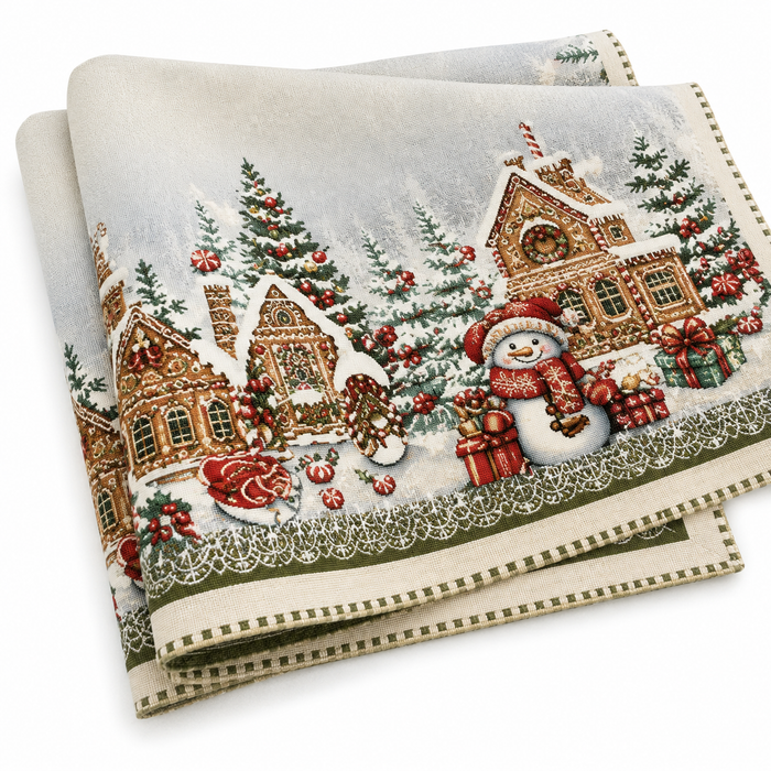 European Christmas tapestry centrepiece tablecloth with silver Lurex, Gingerbread Village design featuring gingerbread houses, snowmen, Christmas trees, gifts, and candy canes