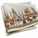 European Christmas tapestry centrepiece tablecloth with silver Lurex, Gingerbread Village design featuring gingerbread houses, snowmen, Christmas trees, gifts, and candy canes