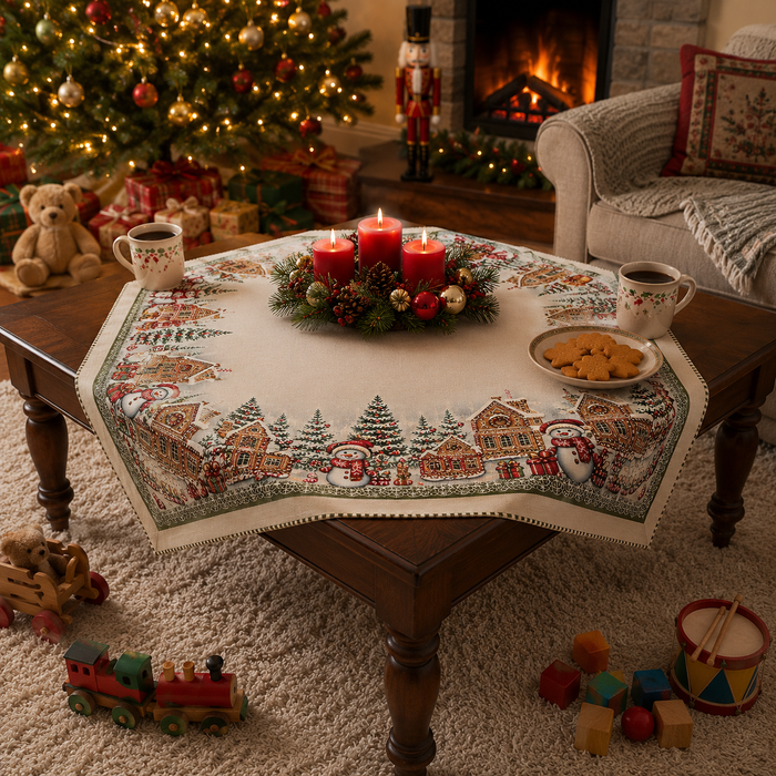 European Christmas tapestry centrepiece tablecloth with silver Lurex, Gingerbread Village design featuring gingerbread houses, snowmen, Christmas trees, gifts, and candy canes