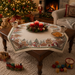 European Christmas tapestry centrepiece tablecloth with silver Lurex, Gingerbread Village design featuring gingerbread houses, snowmen, Christmas trees, gifts, and candy canes